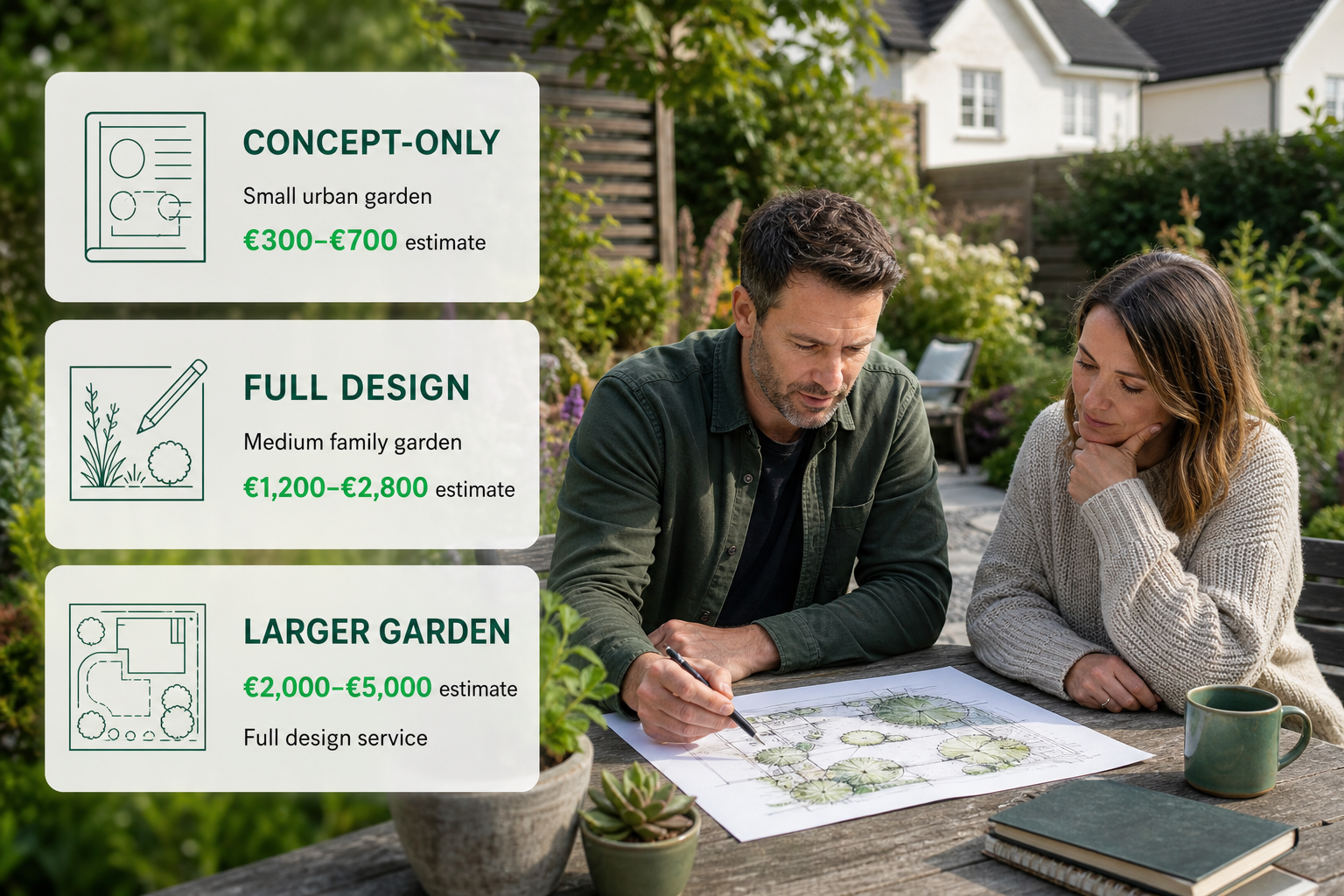 Infographic showing design-only garden fee ranges over an Irish garden design scene for the section on what garden design costs in Ireland.