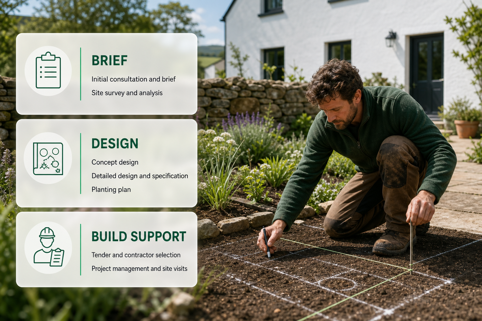 Infographic showing the main phases of a garden design project beside a designer working in an Irish garden.