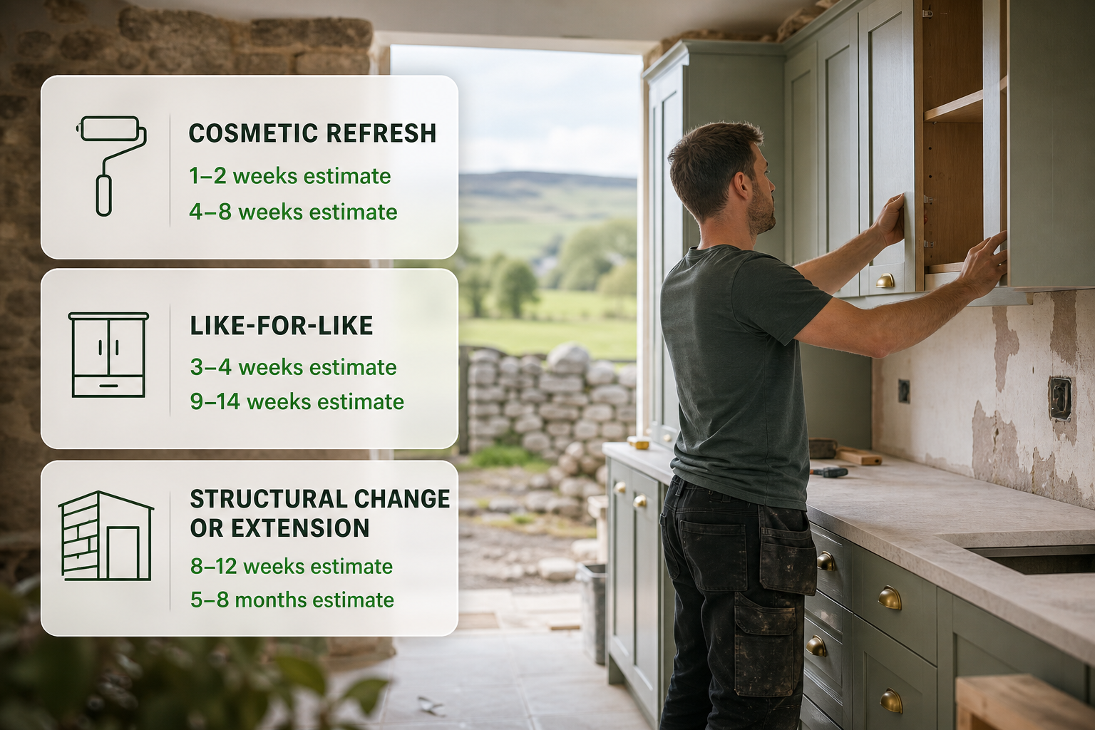 An Irish kitchen renovation scene with frosted-glass cards summarising time on site and full project timeline by scope.
