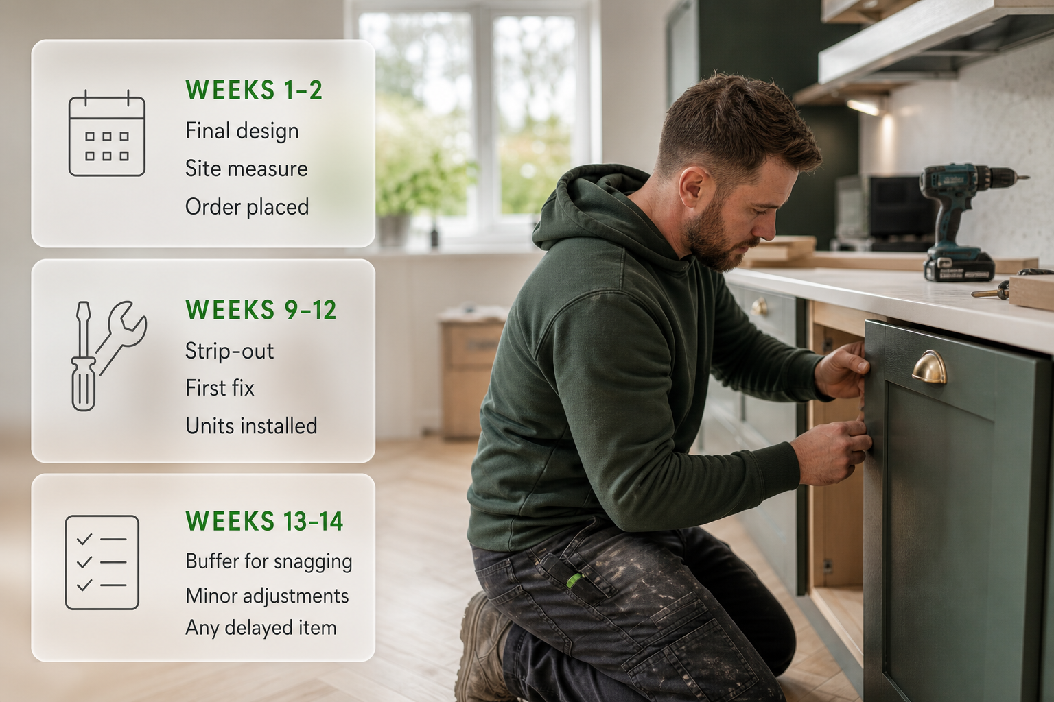 A kitchen fitter working in an Irish home with frosted-glass cards showing the week-by-week outline of a like-for-like renovation.