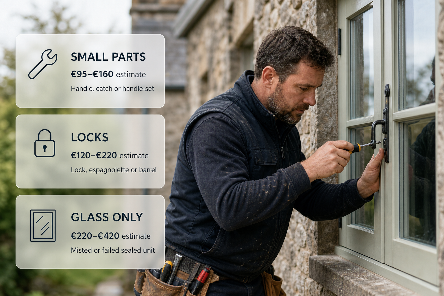 Infographic showing common window repair cost ranges over a photo of an Irish tradesperson working on a house window.