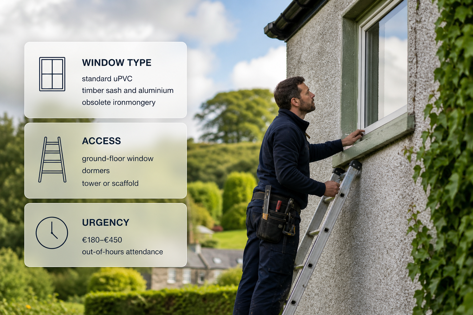 Infographic showing the main factors that change window repair prices, over an Irish home window repair scene.