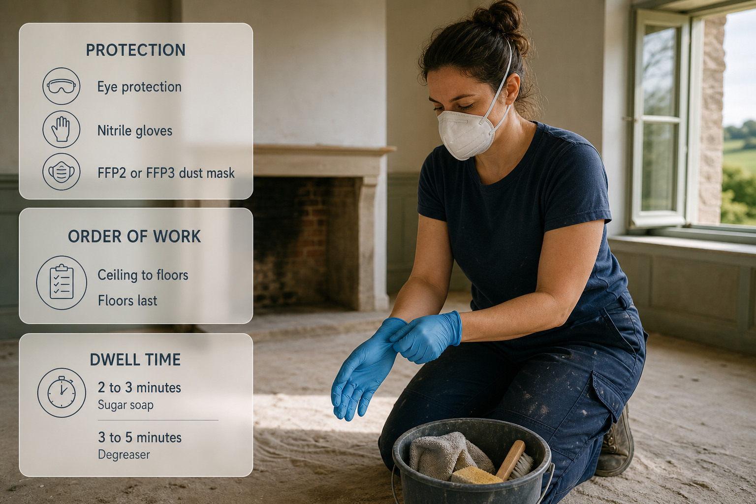 An Irish home post-build cleaning scene showing the protective gear and top-to-bottom order of work.