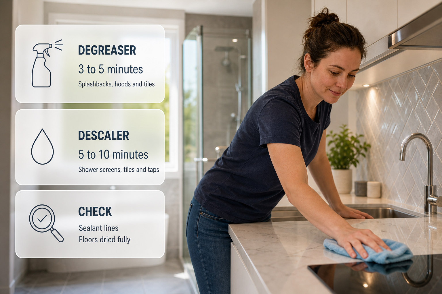 An Irish kitchen and bathroom cleaning image showing the correct dwell times and checks for post-construction cleaning.