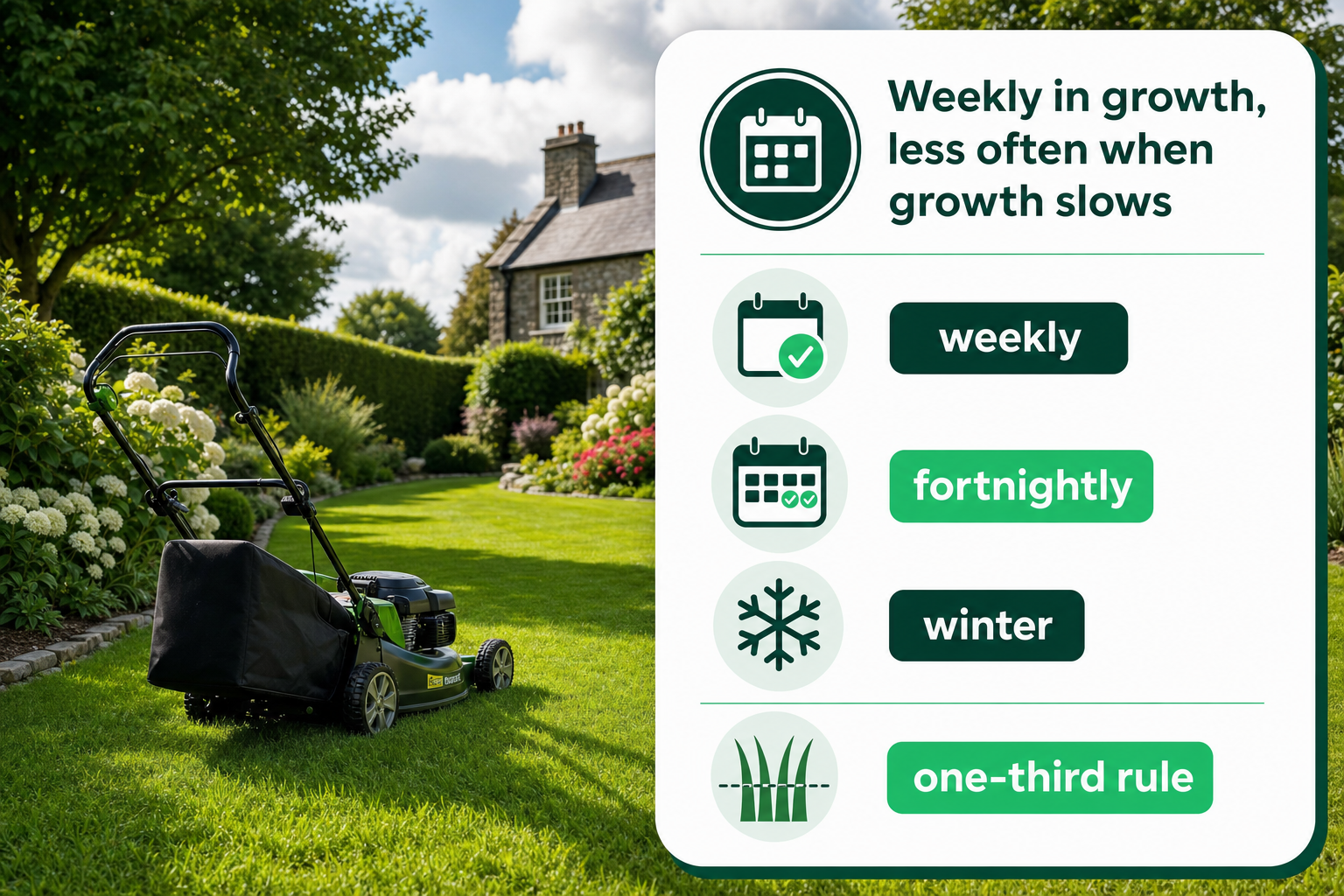 An infographic explains how mowing frequency changes with growth and season for Irish lawns.