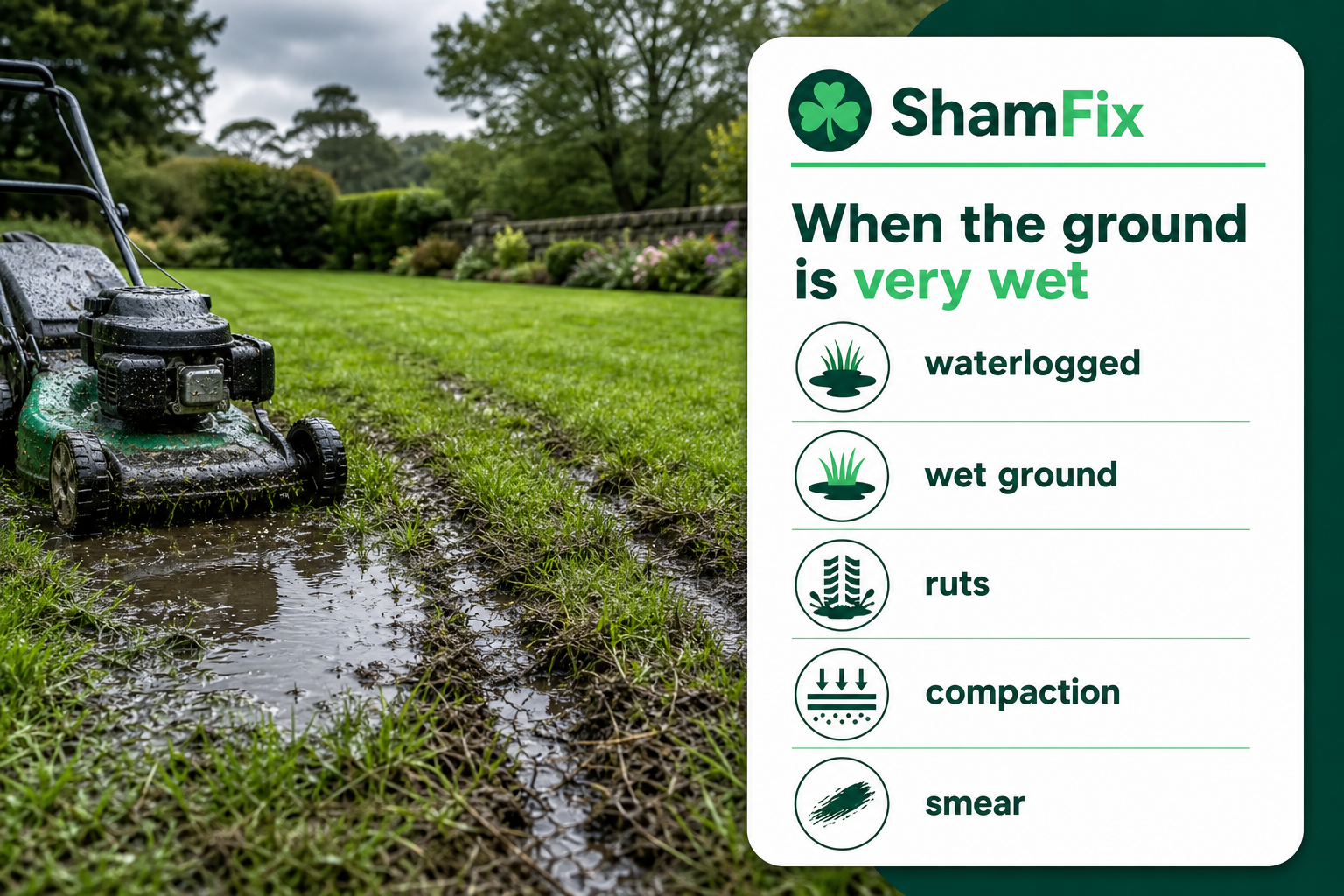 An infographic shows why mowing waterlogged grass can damage an Irish lawn and when to avoid cutting.