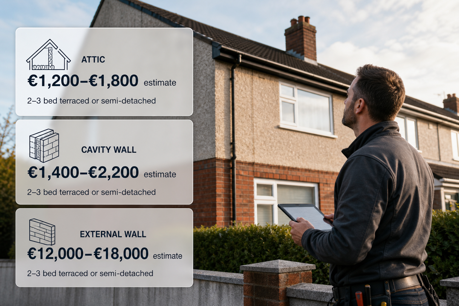 Infographic showing insulation cost ranges over a photo of an Irish home exterior, explaining typical costs by insulation type and house type.