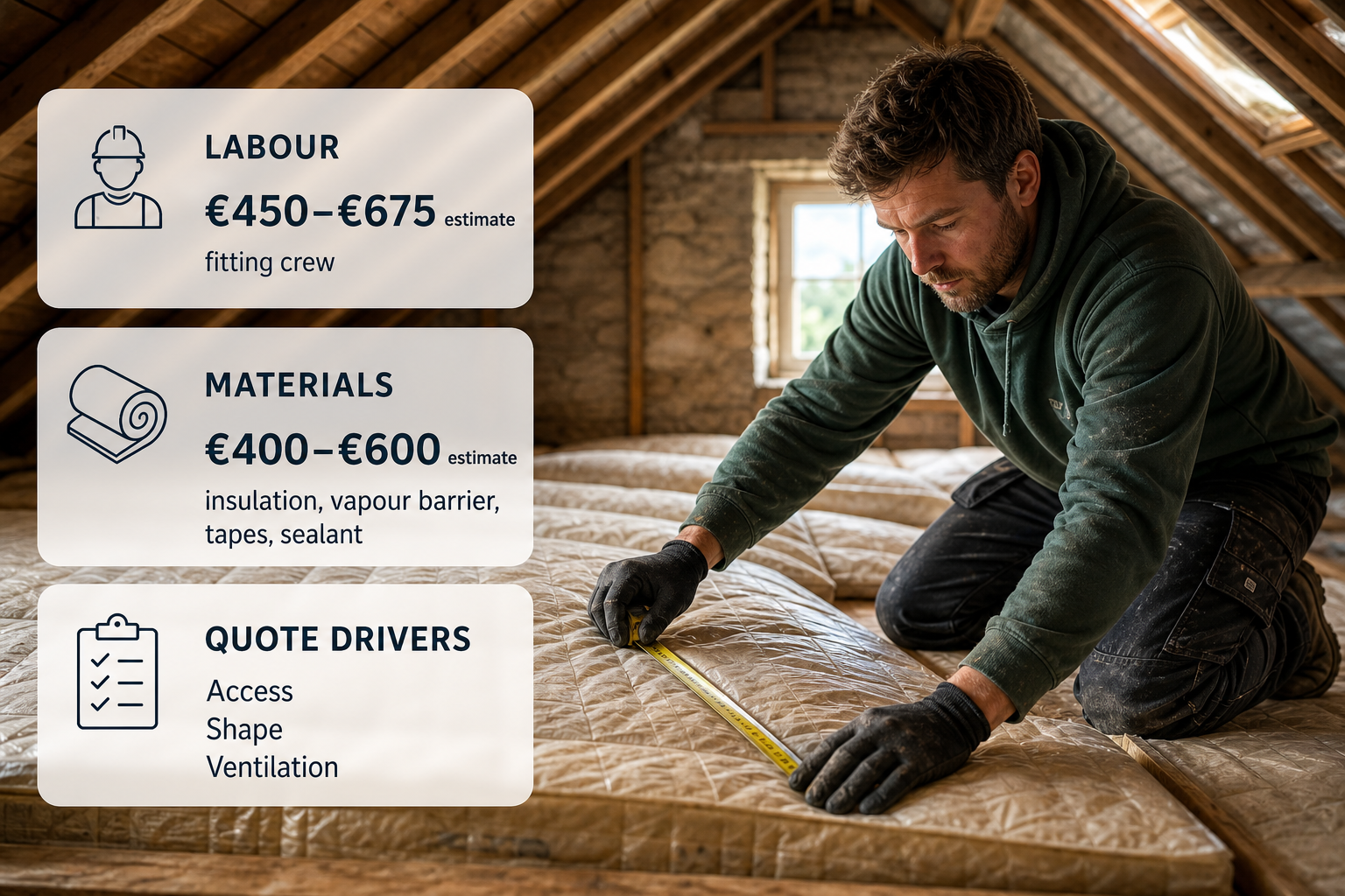 Infographic over an attic insulation scene showing the main cost lines that make one quote higher or lower than another.