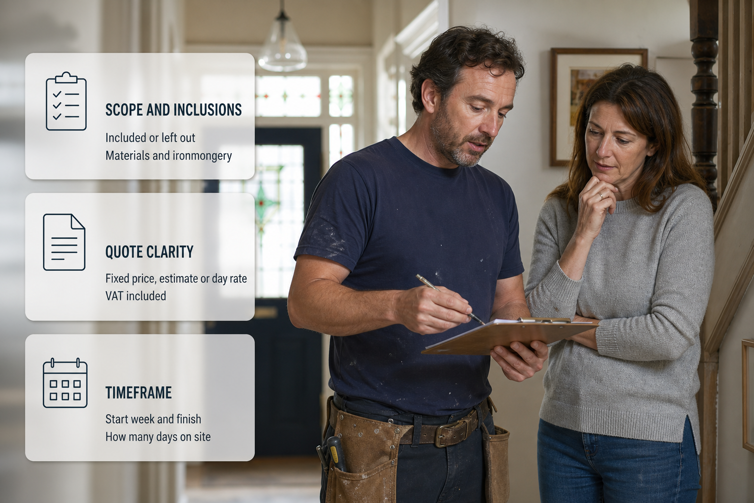 Infographic showing the main question groups to ask a carpenter, over an Irish home carpentry scene.