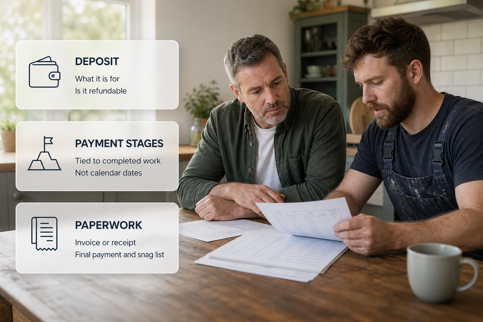 Infographic about agreeing deposit and staged payments for carpentry work in Ireland.
