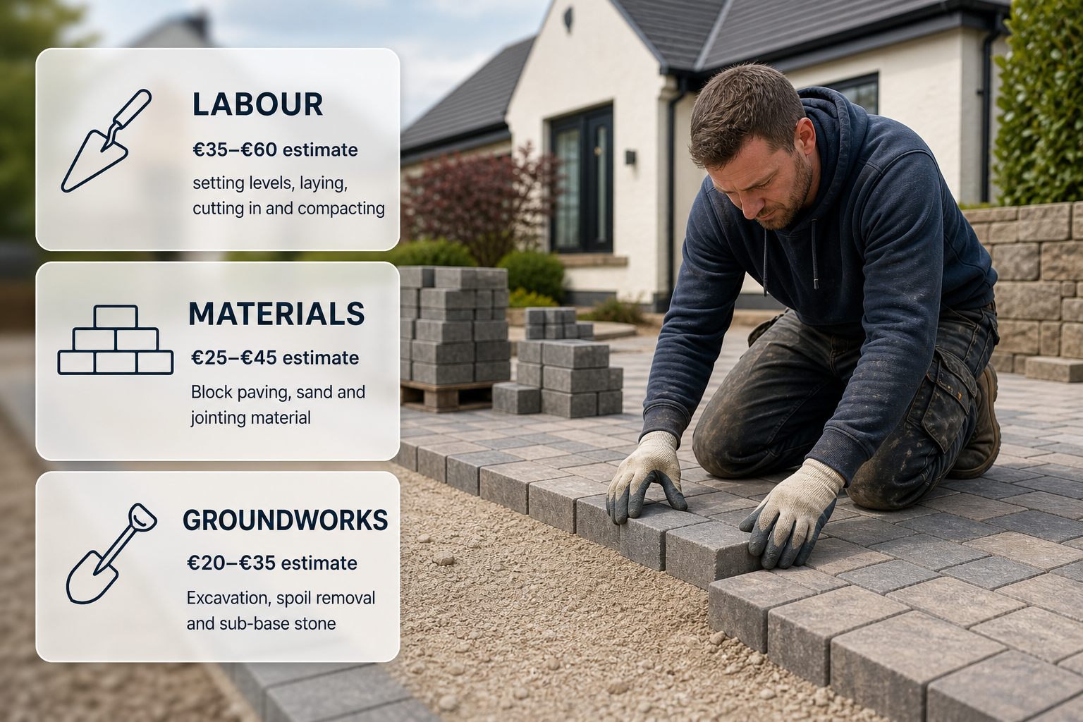 Infographic showing the per-square-metre cost breakdown for block paving driveways in Ireland.