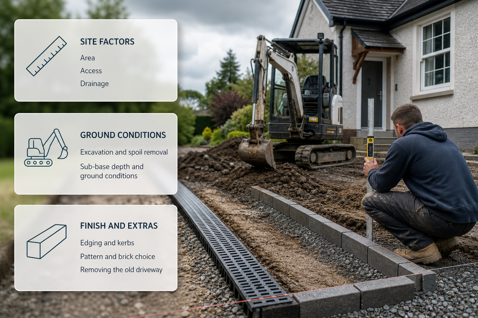 Infographic showing the main factors that raise or lower the cost of a block paving driveway.