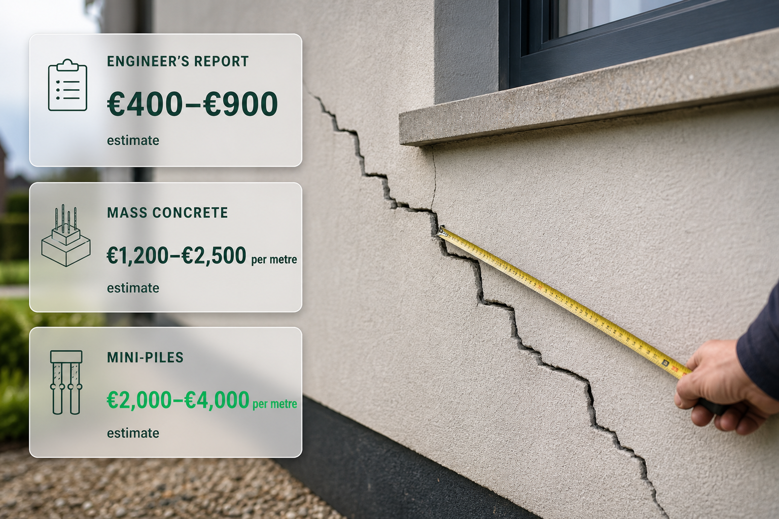 A diagonal crack in a house wall with cards showing engineer's report, mass concrete and mini-pile underpinning costs.