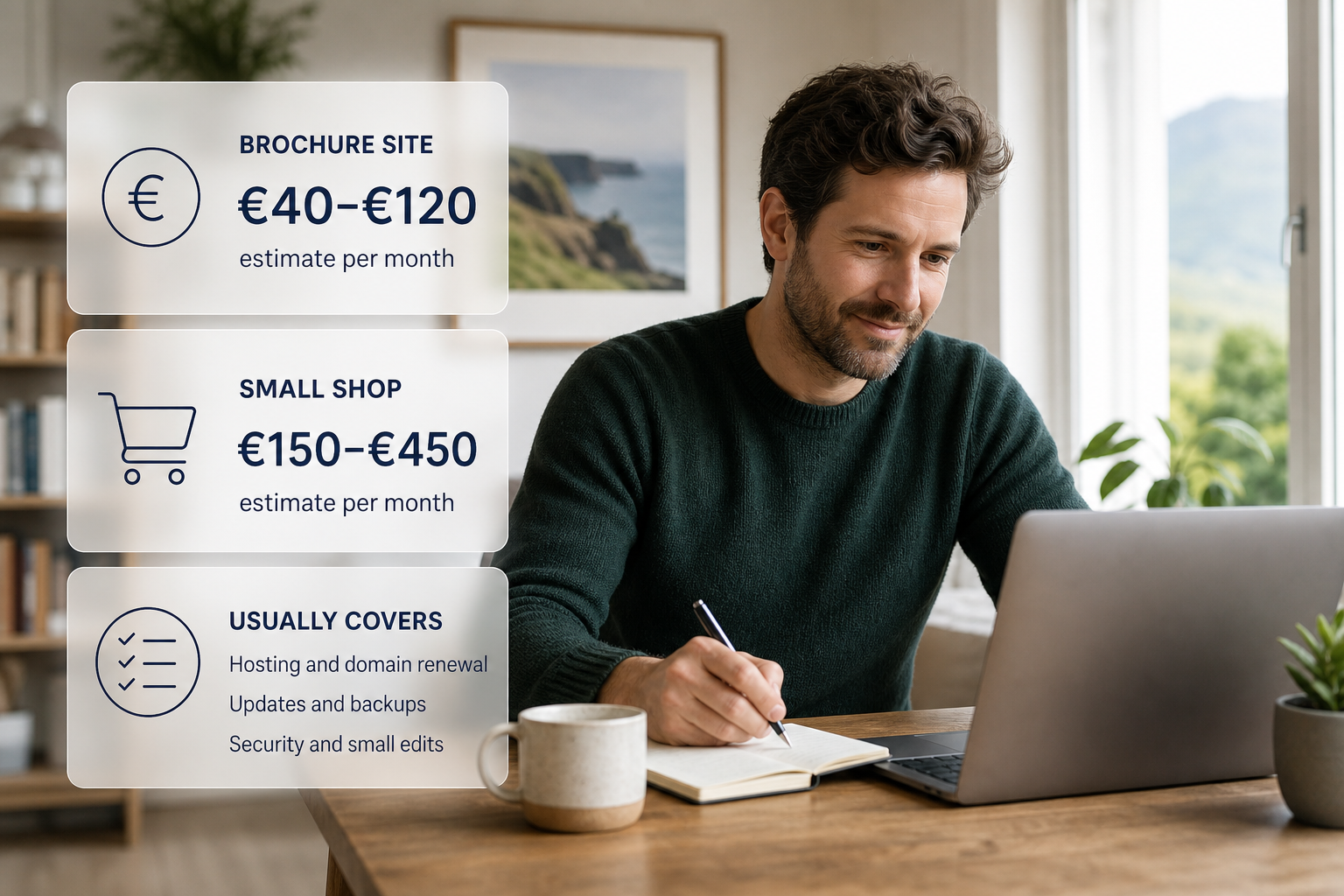 Infographic cards over an Irish home-office scene summarising what a monthly website maintenance plan usually covers.