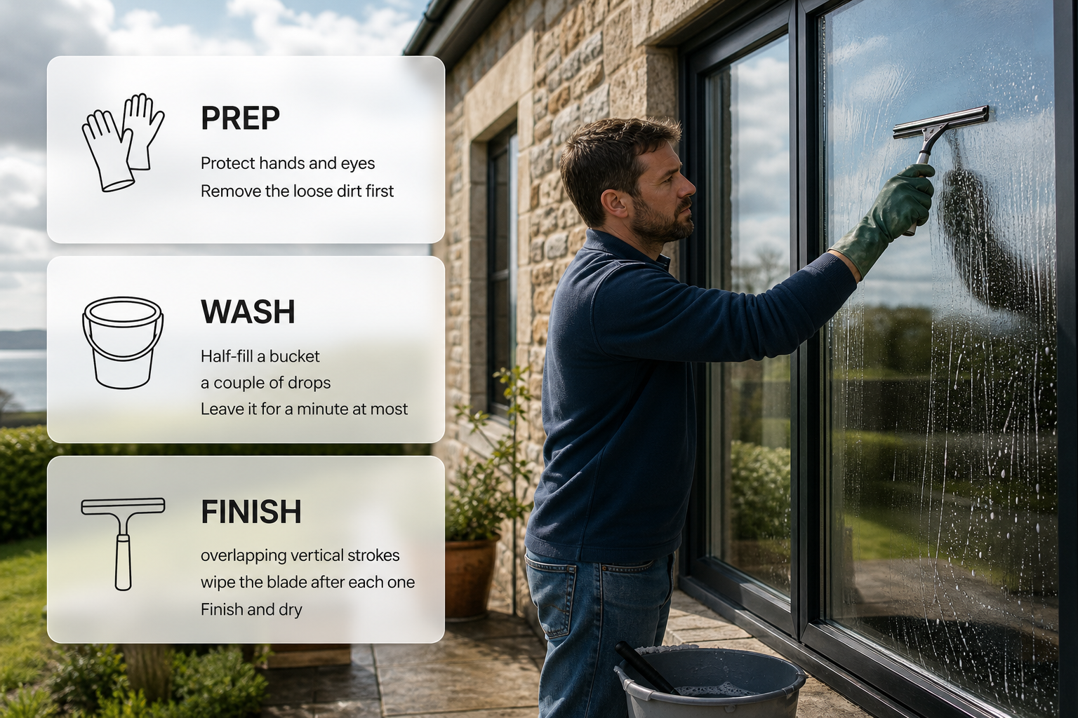 Infographic showing the main steps for streak-free window cleaning at an Irish home.