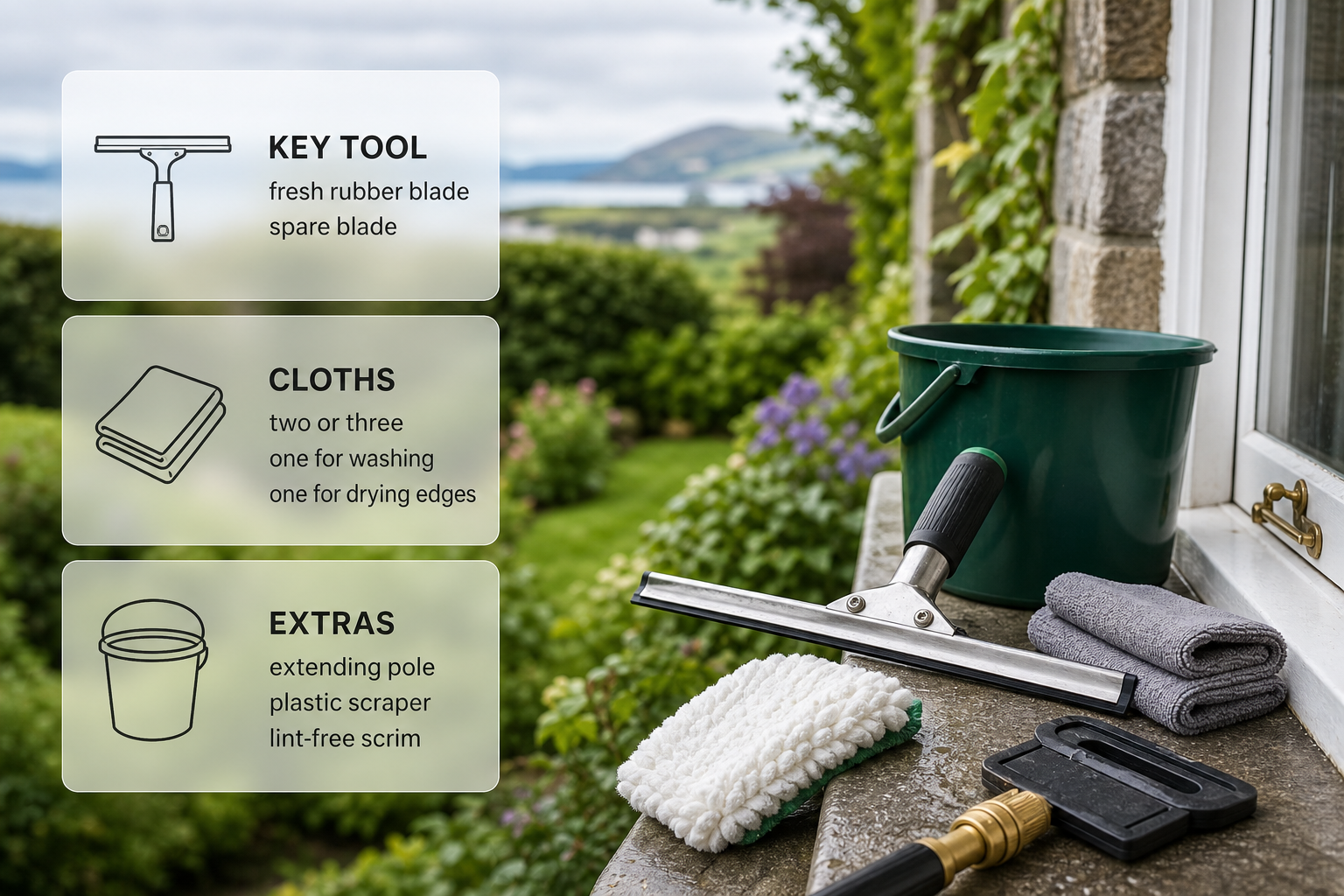 Infographic showing the key tools for streak-free window cleaning in an Irish setting.
