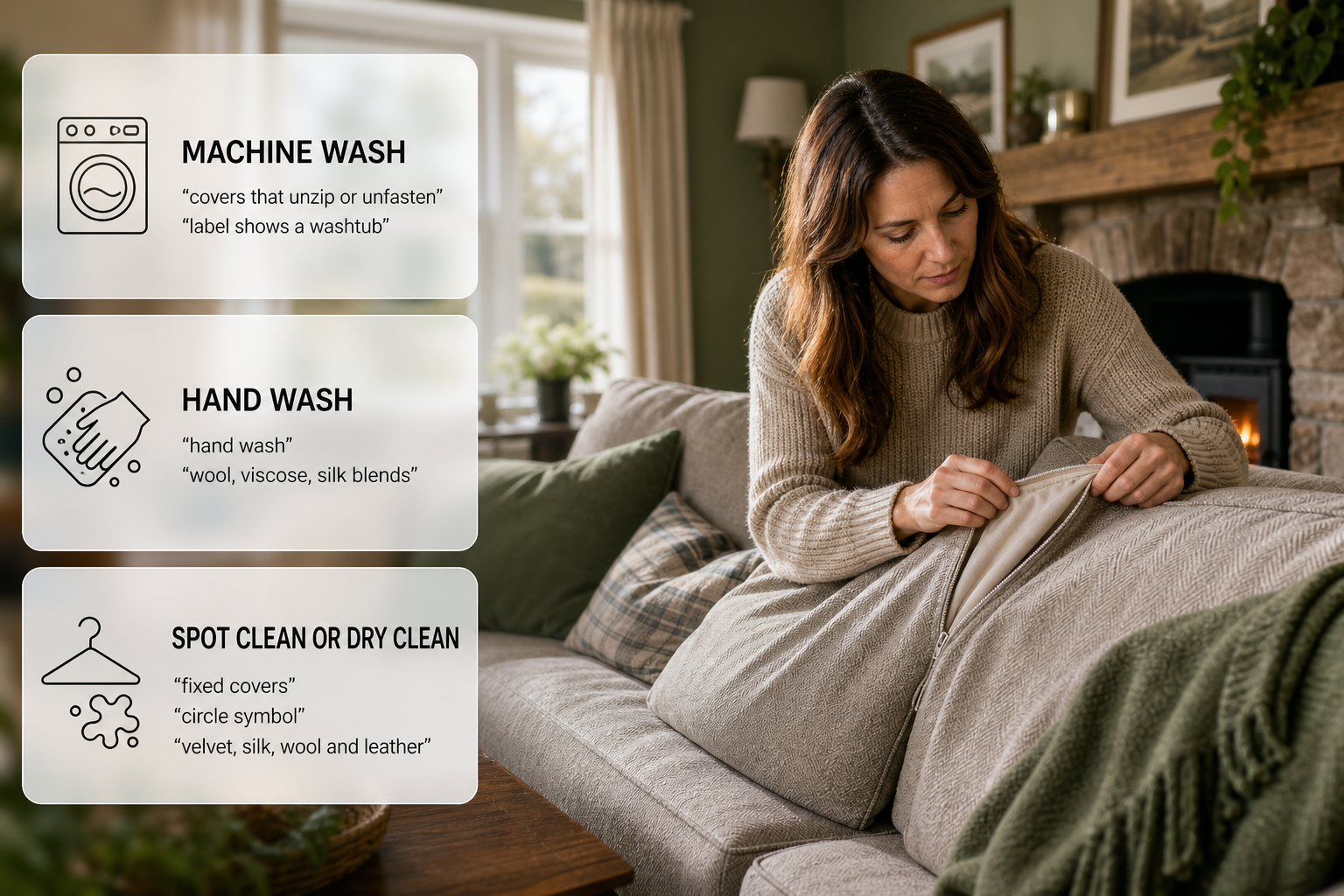 An infographic over a photo of a sofa in an Irish home shows the four cleaning methods for sofa covers and which situations each suits.