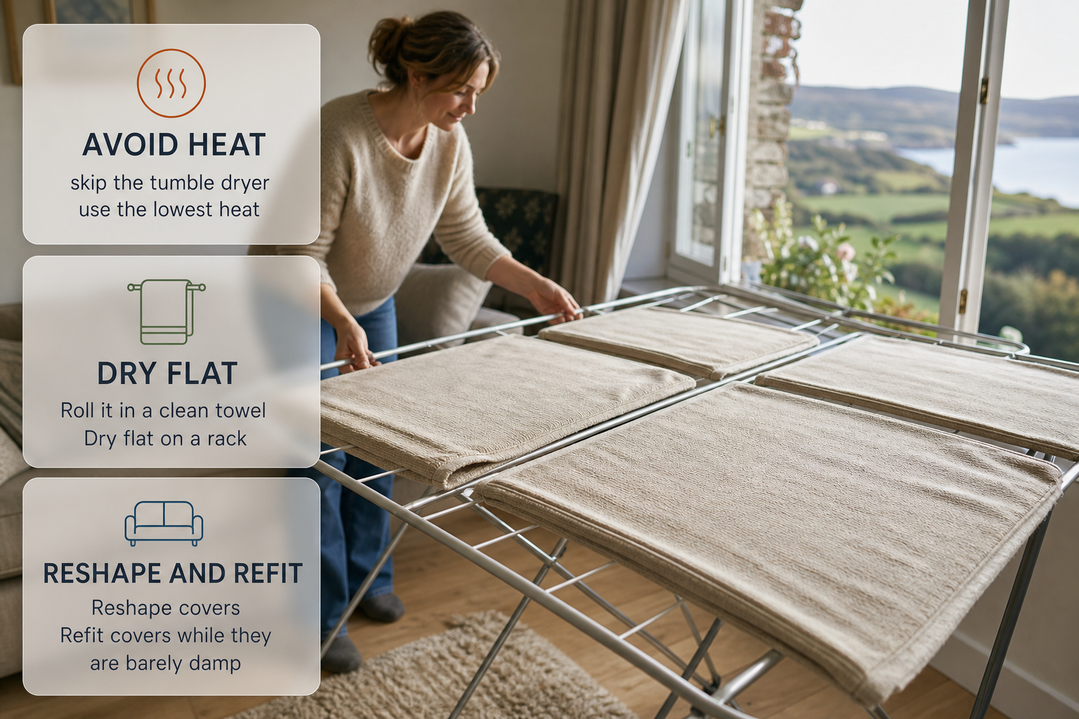 An infographic over a photo of sofa covers drying in an Irish home shows the key steps to dry covers safely without shrinkage or colour run.
