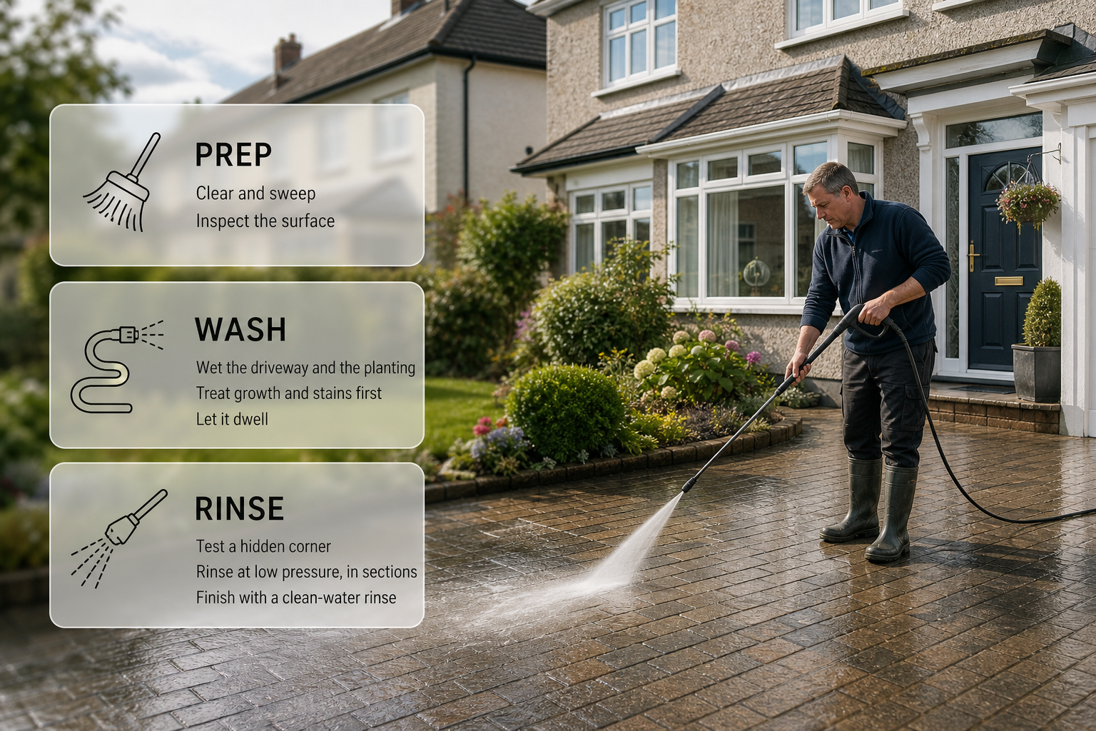 Infographic showing the step-by-step method for safely pressure washing a driveway beside an Irish home.