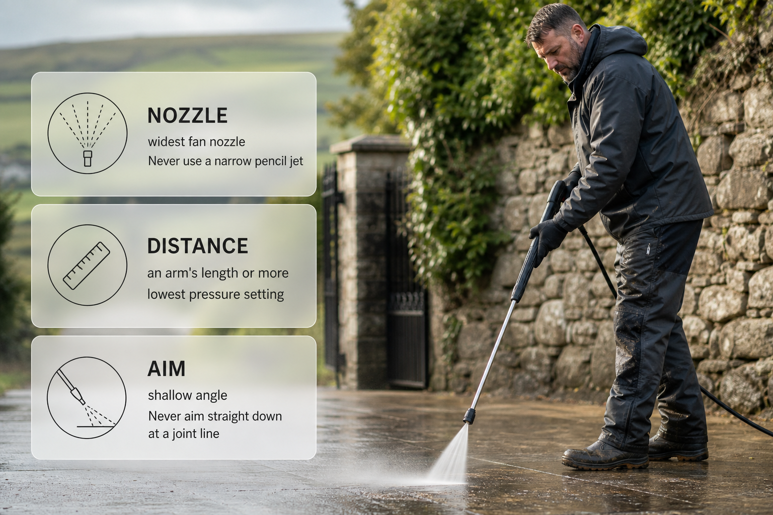 Infographic explaining the safest nozzle choice, distance and angle for washing a driveway in Ireland.