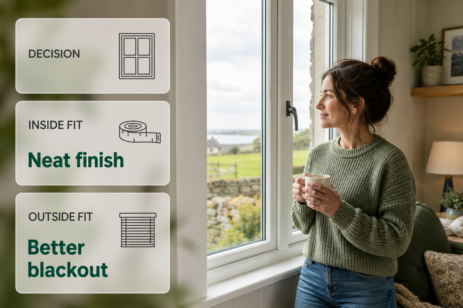 An infographic showing the first decision for measuring blinds, with a homeowner at an Irish window and clear frosted cards explaining inside and outside fit.