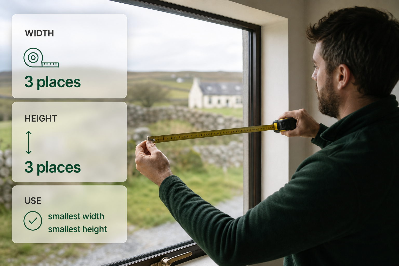 An infographic explaining the three-point measurement method for an inside-fit blind in an Irish home, with a tape measure and a window recess.