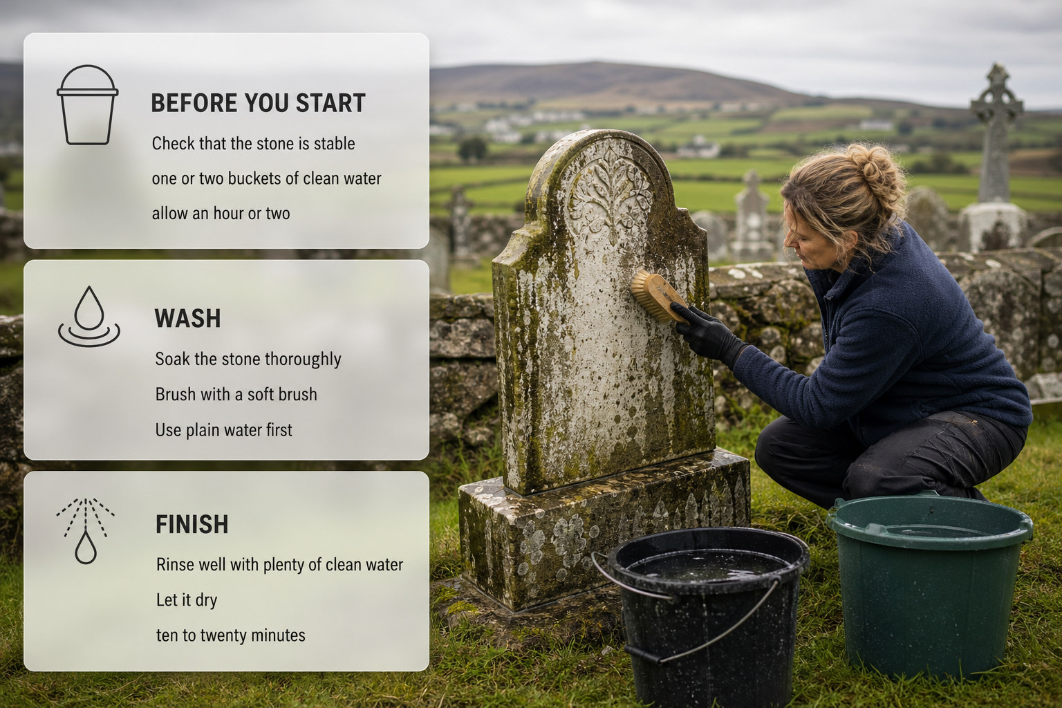 An Irish cemetery scene with frosted cards summarising the main steps for cleaning a headstone safely.