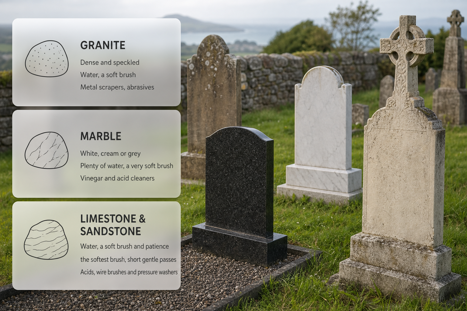 Different Irish headstone materials shown with frosted cards explaining safe cleaning by stone type.