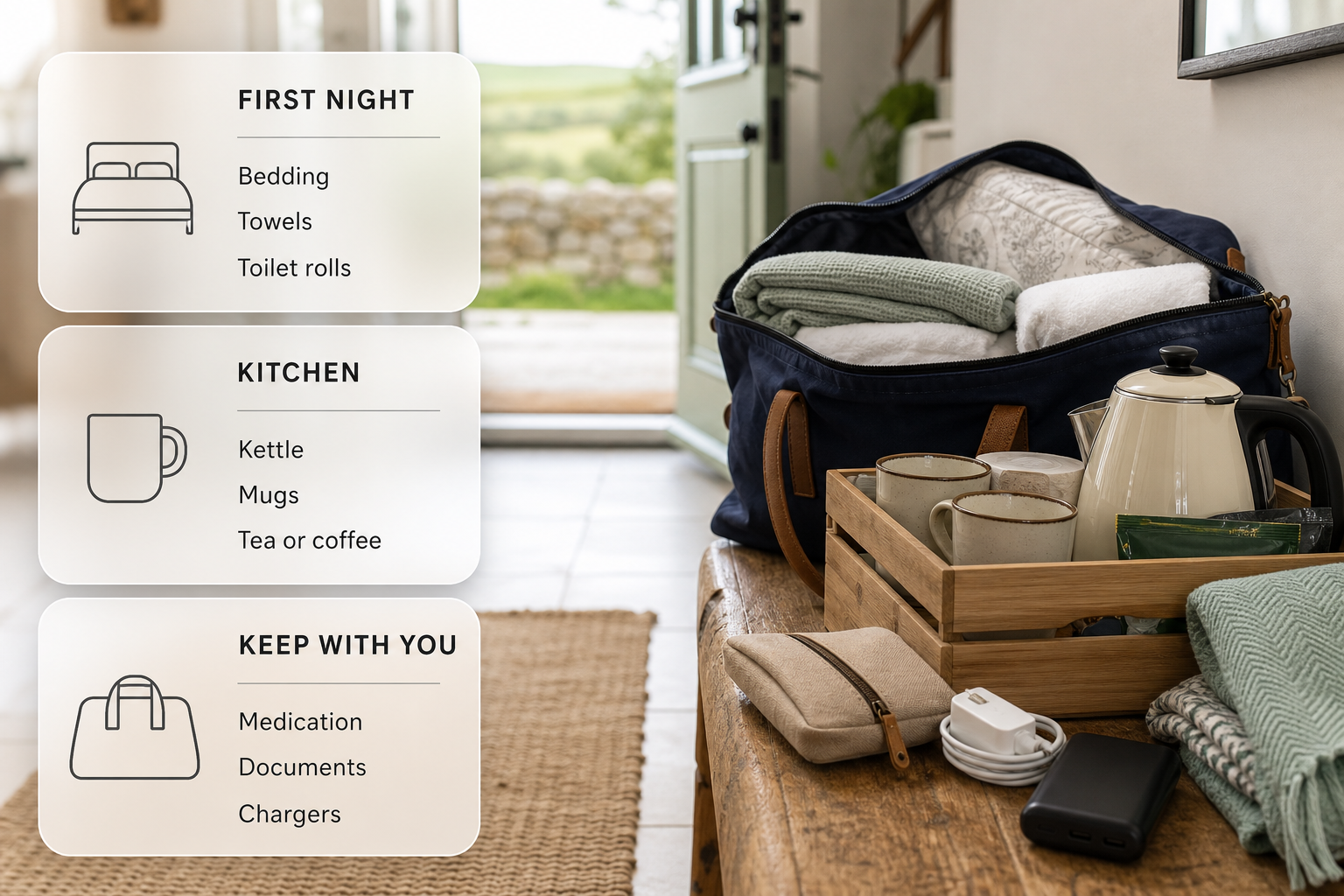 An essentials bag packed in an Irish home with checklist cards showing what should stay in the car for the first night.