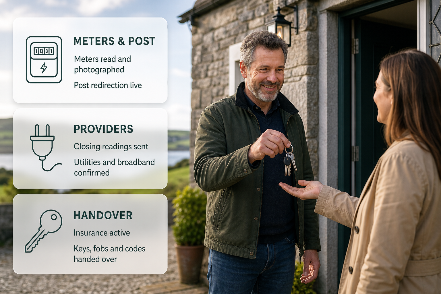 A key handover at an Irish house with checklist cards summarising what must be completed before the keys change hands.
