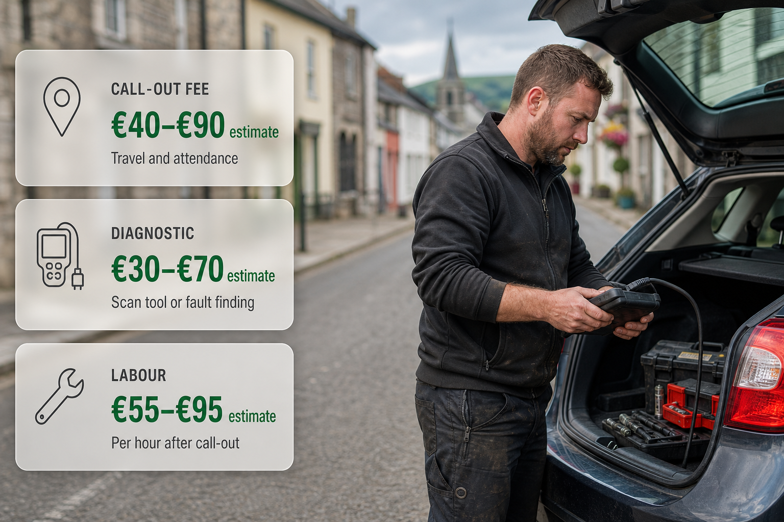 A mobile mechanic beside a car in an Irish street with frosted cards summarising the typical call-out, diagnostic and labour price ranges.