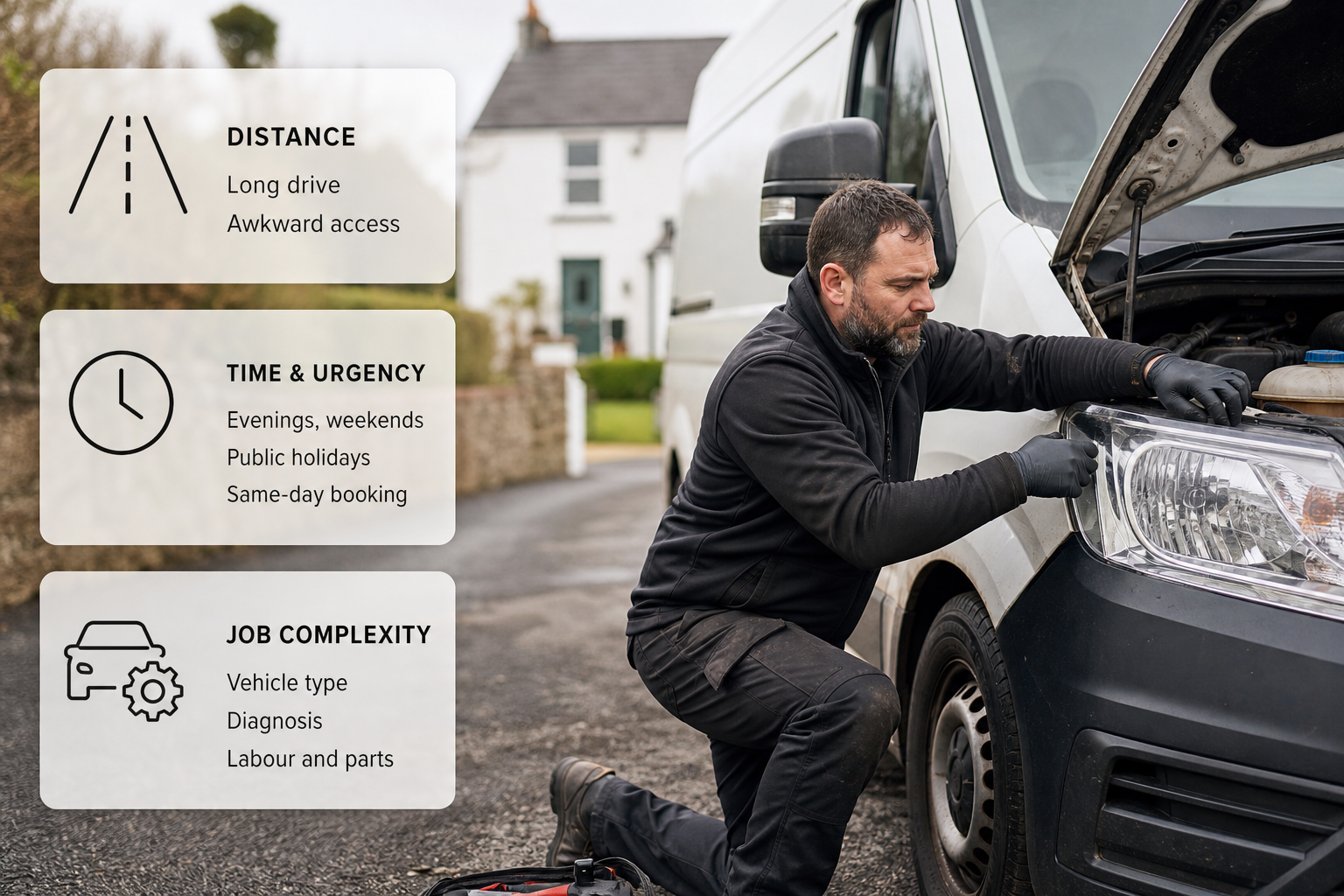 A mechanic checking a van at an Irish driveway with frosted cards showing the main factors that change a mobile mechanic call-out fee.