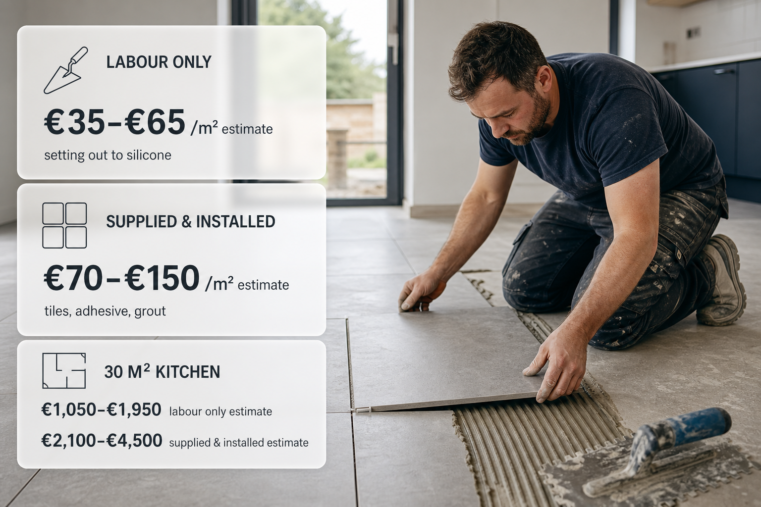 Infographic showing the main tiling cost ranges over a photo of an Irish tiler laying large floor tiles.
