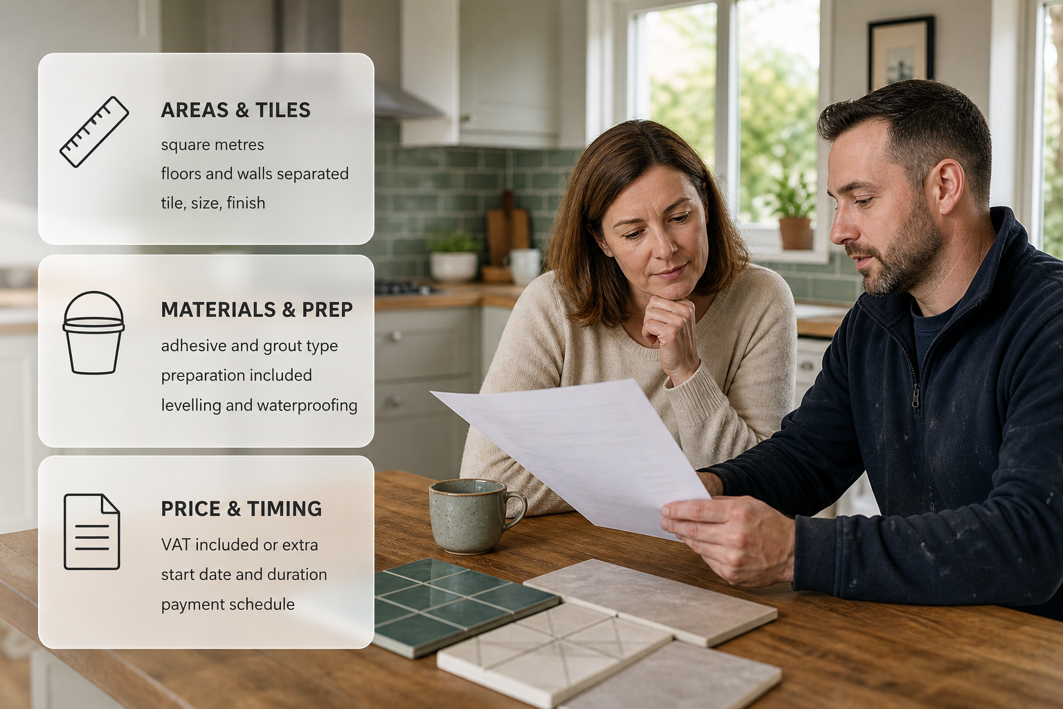 Infographic showing a tiling quote checklist over a photo of an Irish homeowner reviewing paperwork with a tiler.
