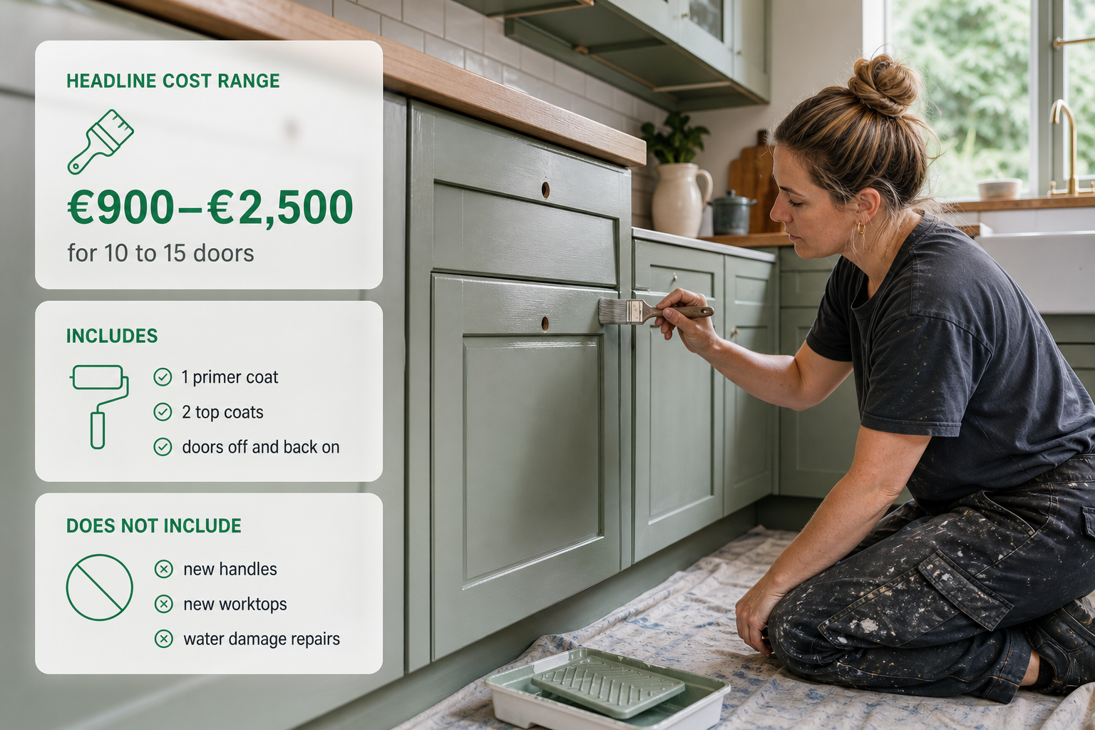 An infographic explains what the headline cost range covers for repainting kitchen cabinets.