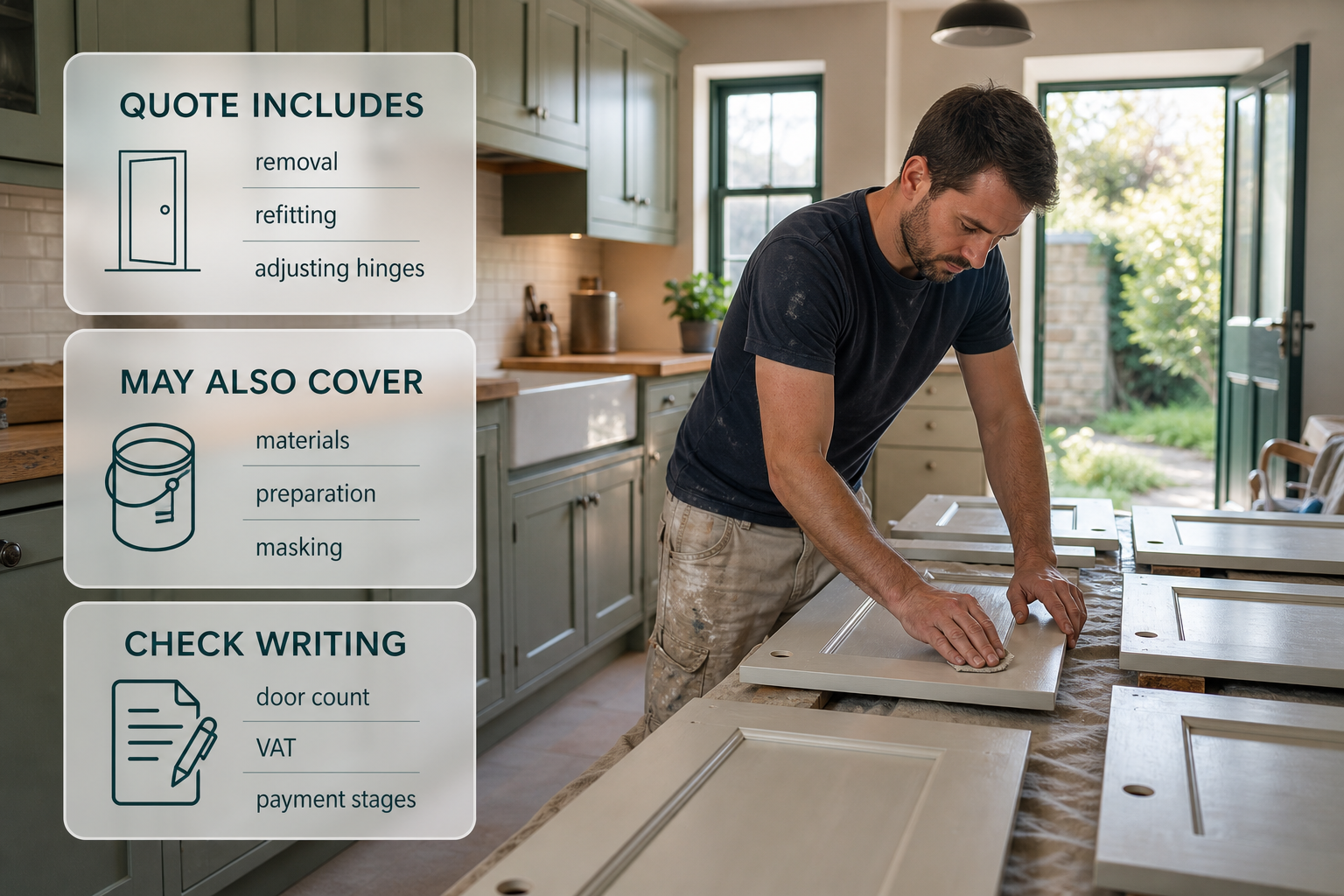 An infographic shows what a kitchen cabinet repainting quote may include and exclude.