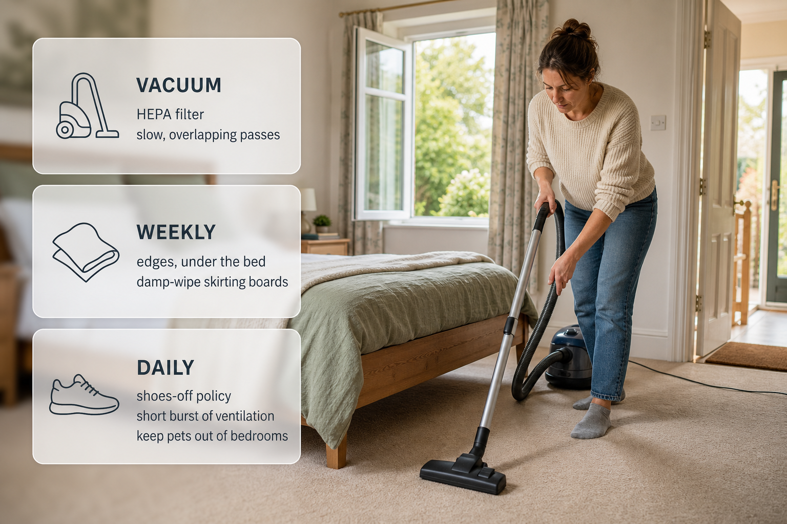 An Irish bedroom carpet being vacuumed with frosted-glass cards summarising daily and weekly habits that reduce allergens.
