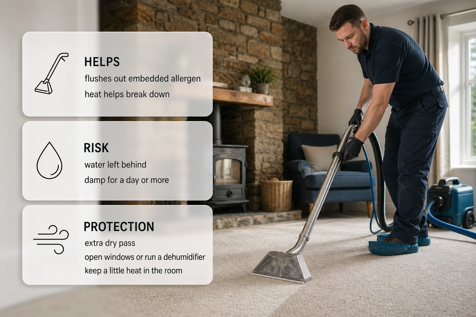 A carpet cleaner using hot-water extraction in an Irish home with frosted-glass cards showing how steam cleaning helps and how to avoid damp.