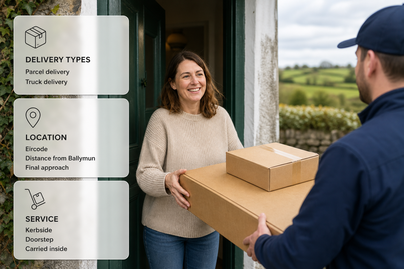 Infographic showing what affects IKEA delivery fees in Ireland over a photo of flat-pack boxes at an Irish home.