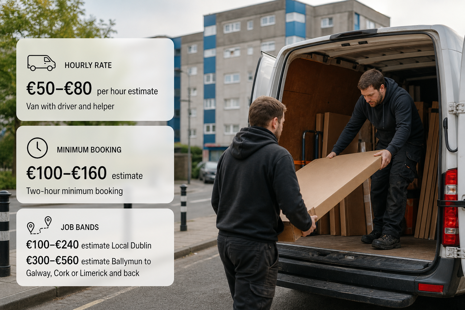 Infographic of Irish IKEA collection and delivery cost bands over a photo of a van being loaded outside Ballymun.