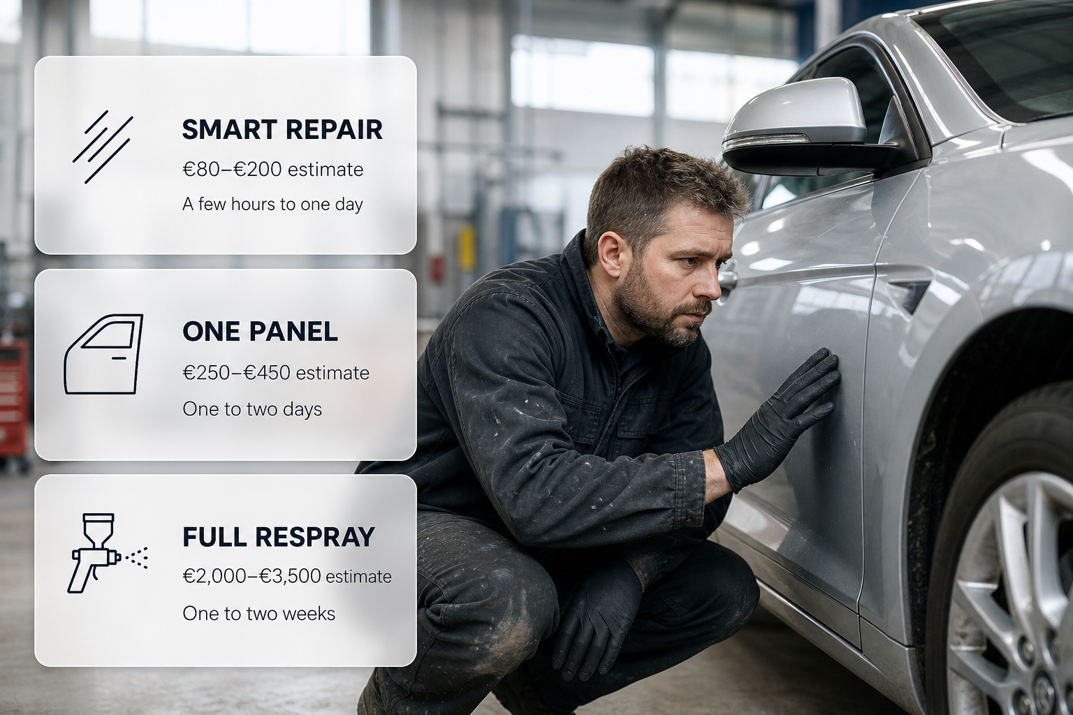 An Irish bodyshop scene with frosted-glass cards summarising typical respray costs and workshop times by job.