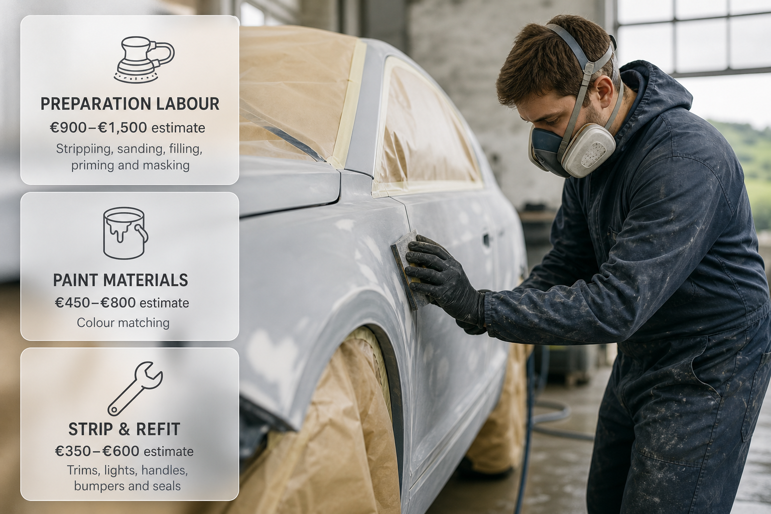 A car being prepped for paint in an Irish workshop with frosted-glass cards showing what a full respray quote includes.