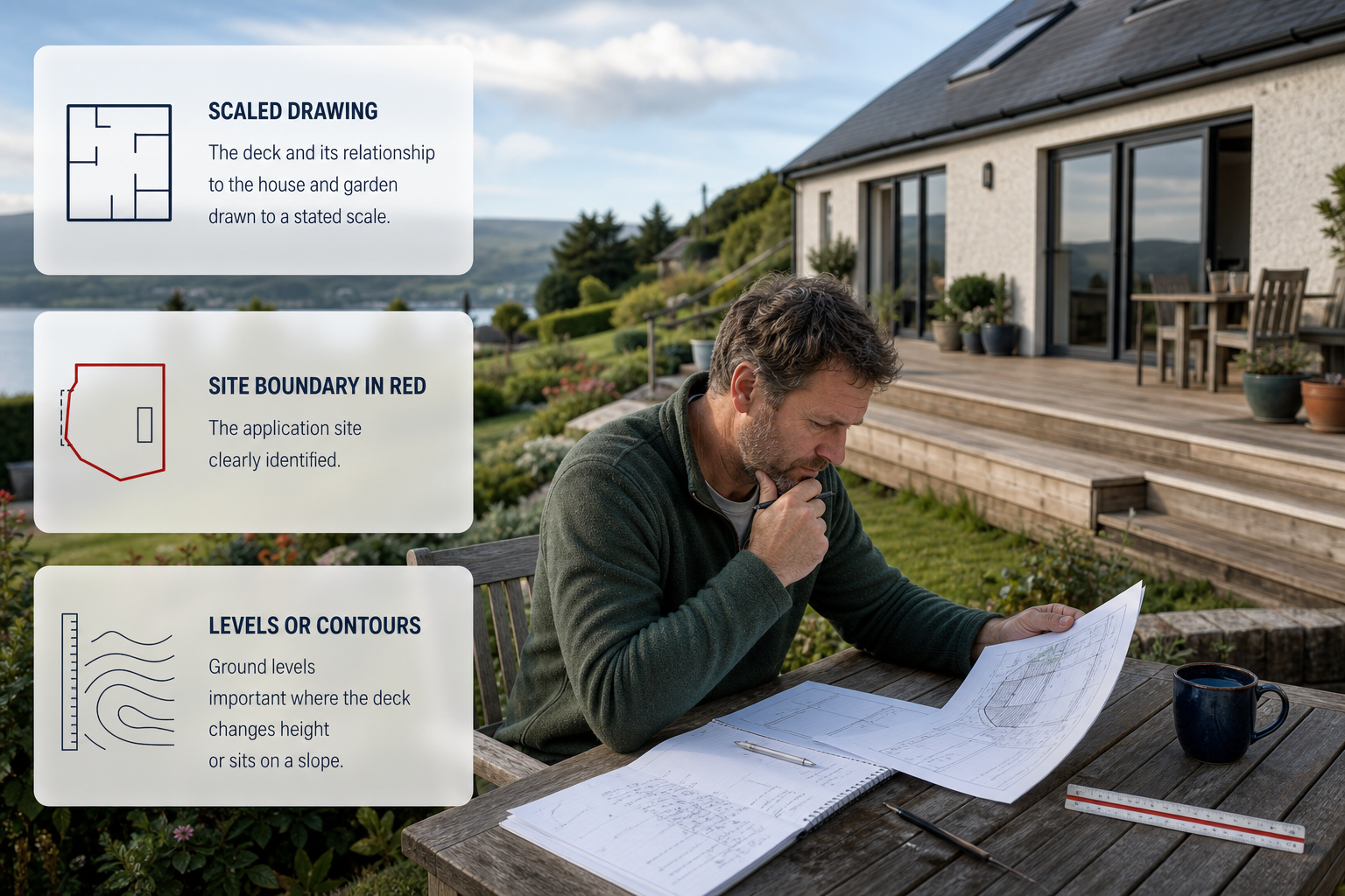 An Irish homeowner reviewing deck application papers with visual cards showing the drawings and measurements commonly needed for a planning application.