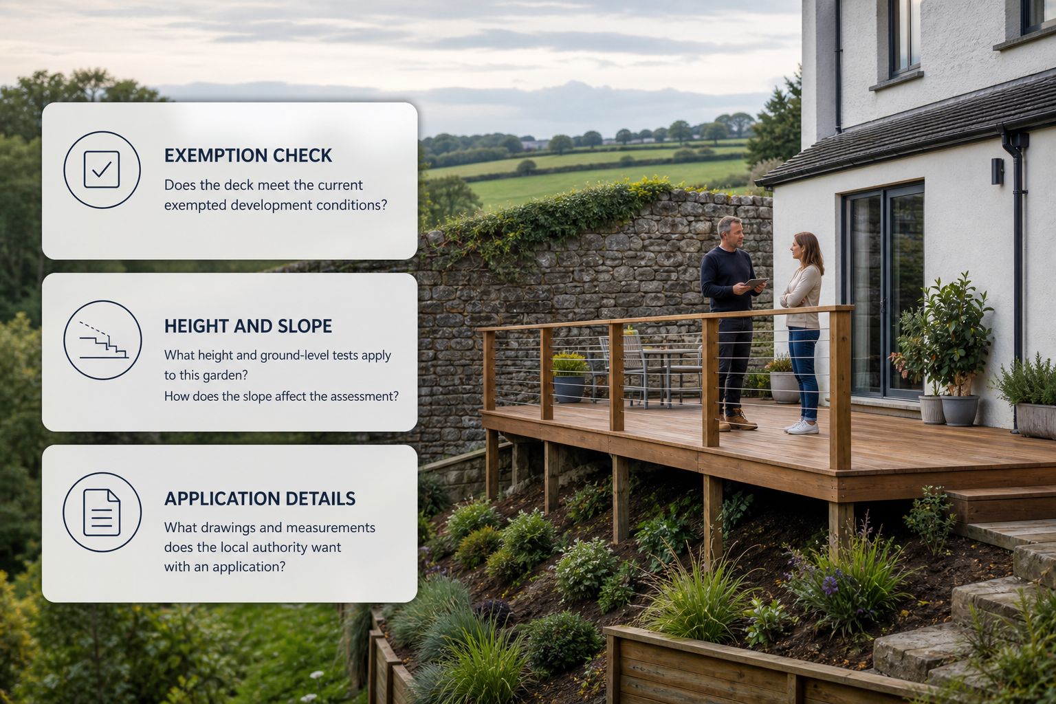 An Irish garden deck on a sloped site with checklist cards summarising the key questions to confirm with the local authority.