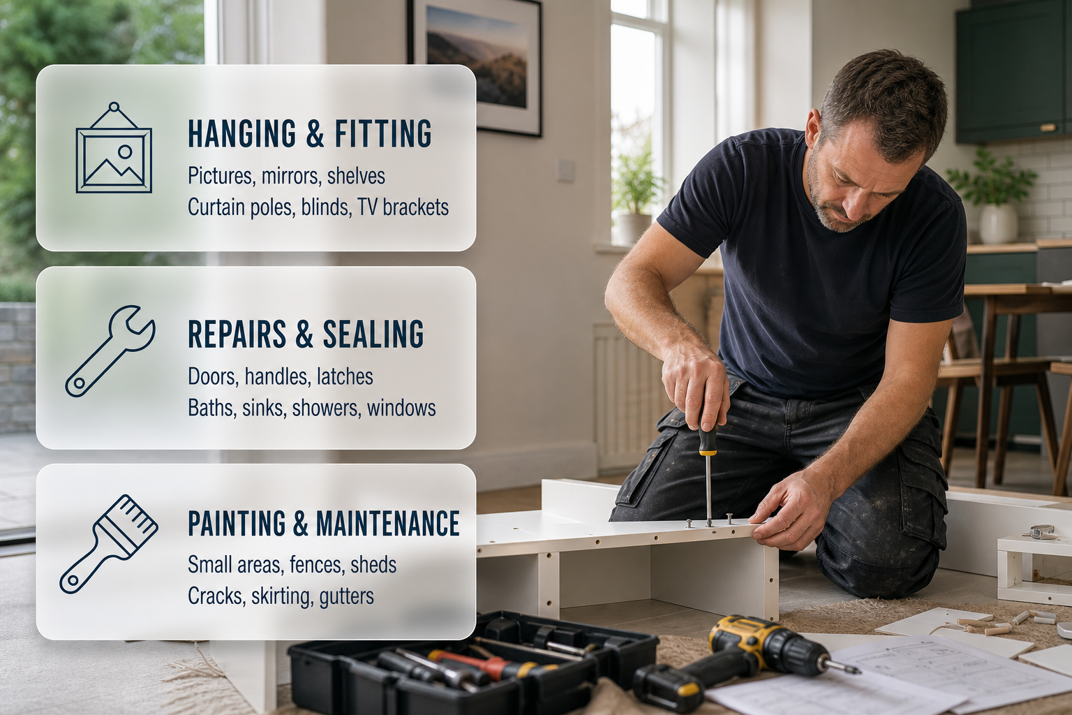 Infographic showing common handyman tasks in an Irish home with a handyman assembling and fixing items.