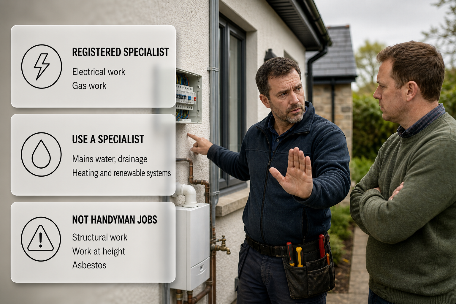 Infographic showing limits of handyman work in Ireland, with specialist tasks that should be left to registered professionals.