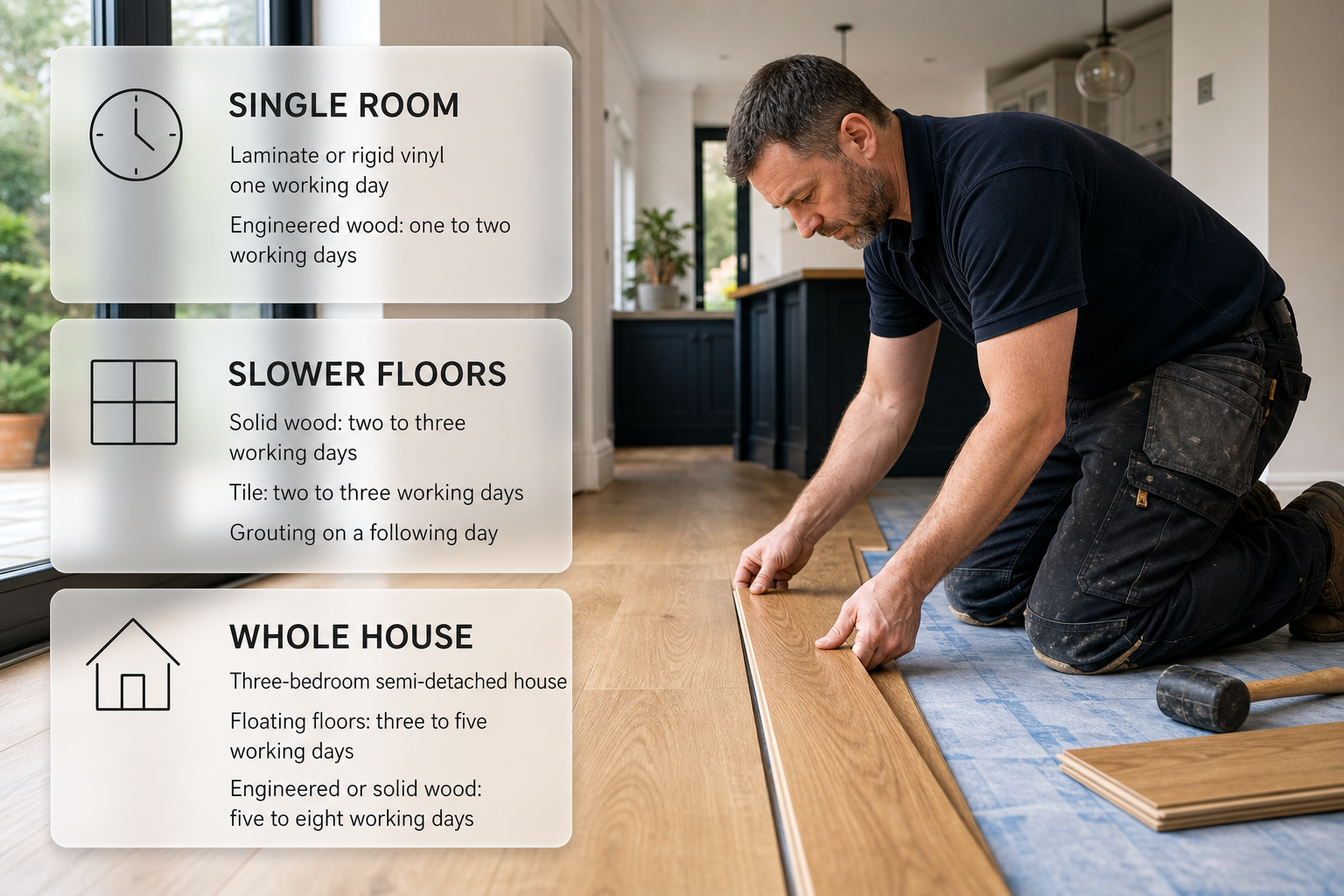 Infographic showing typical flooring installation times for rooms and whole homes in Ireland.