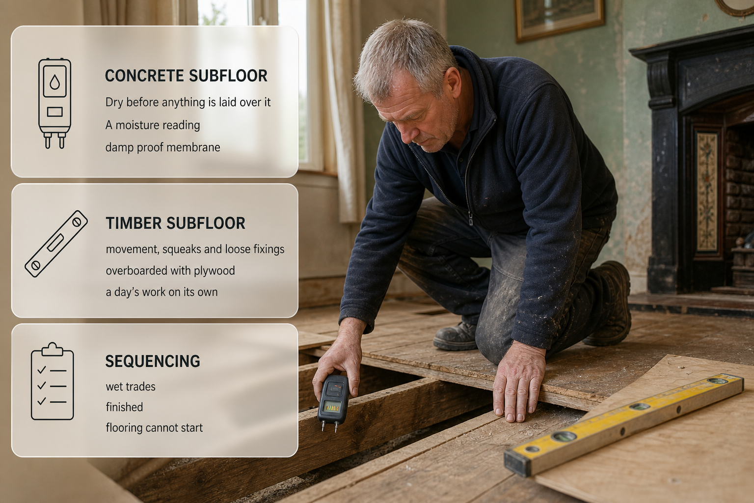 Infographic showing the preparation steps that add time before flooring is fitted in an Irish home.