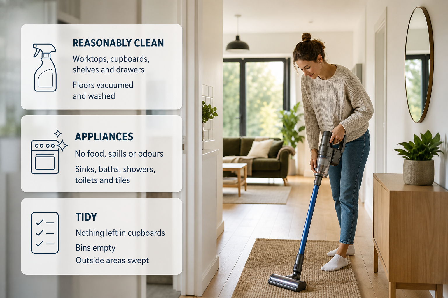 Infographic showing what reasonably clean and tidy means in an Irish rental home before handover.