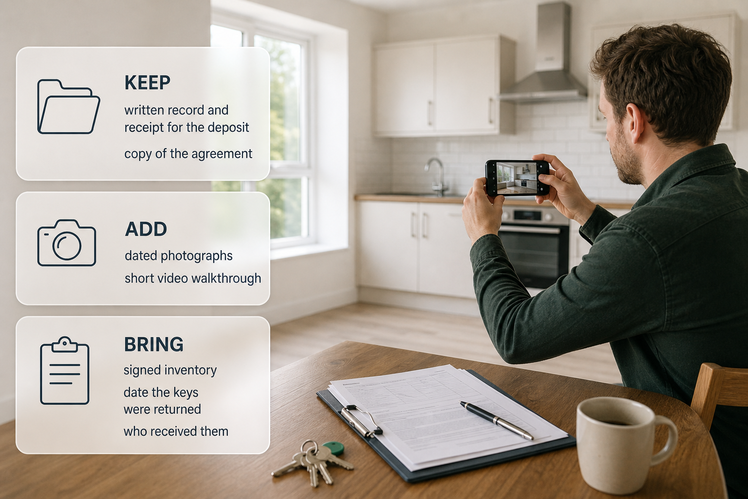 Infographic of a tenant documenting an Irish rental home with photos, receipts and inventory before the final walkthrough.